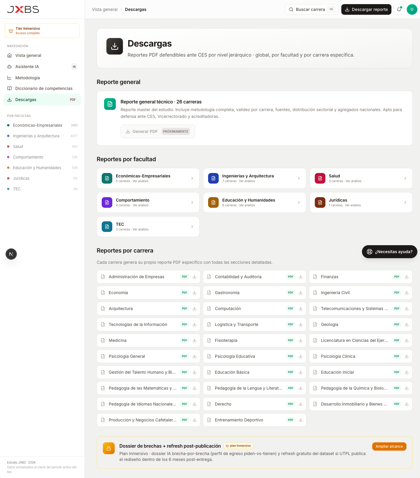 Exportables y reportes PDF por carrera